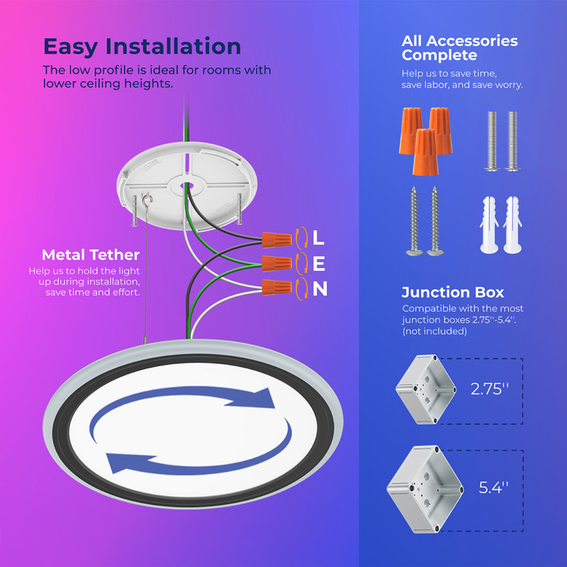 LED Dimmable RGB Flush Mount Ceiling Light with Remote Control, Black