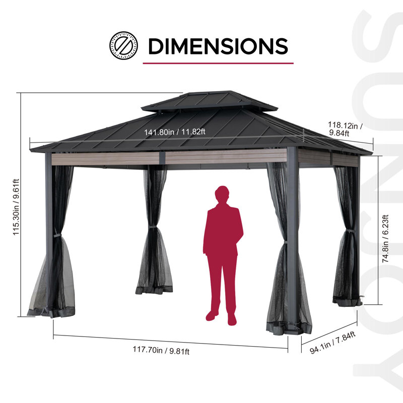 Pavillon de jardin robuste à toit rigide 10 pi x 12 po avec moustiquaire et poutres apparentes SUNJoy