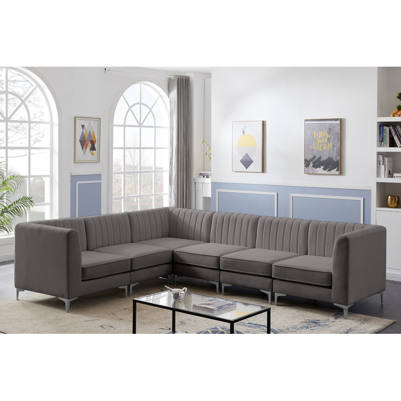 Enson Velvet L-Shaped Sectional Reversible, Grey Velvet