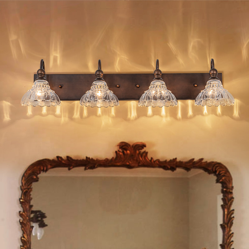 Éclairage pour meuble-lavabo texturé bronze café avec abat-jour en verre transparent, 4 lumières, Coffee Bronze
