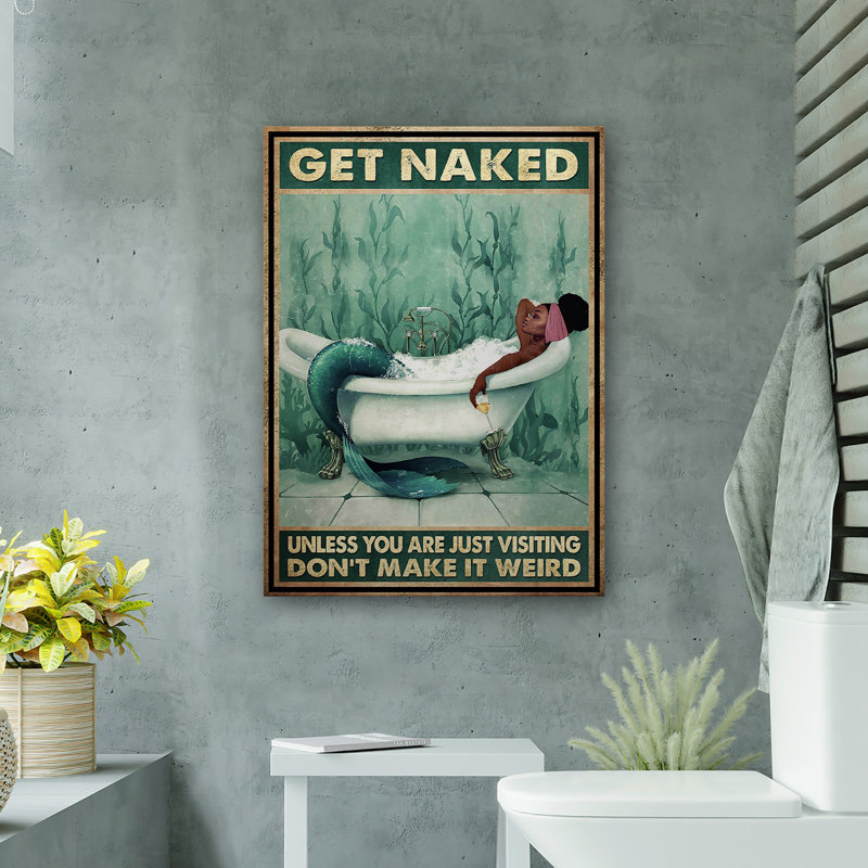 «Black Mermaid Chilling With Wine» - Toile tendue avec une galerie «Get NUE» - décor de salle de bain et de buanderie, noir et turquoise