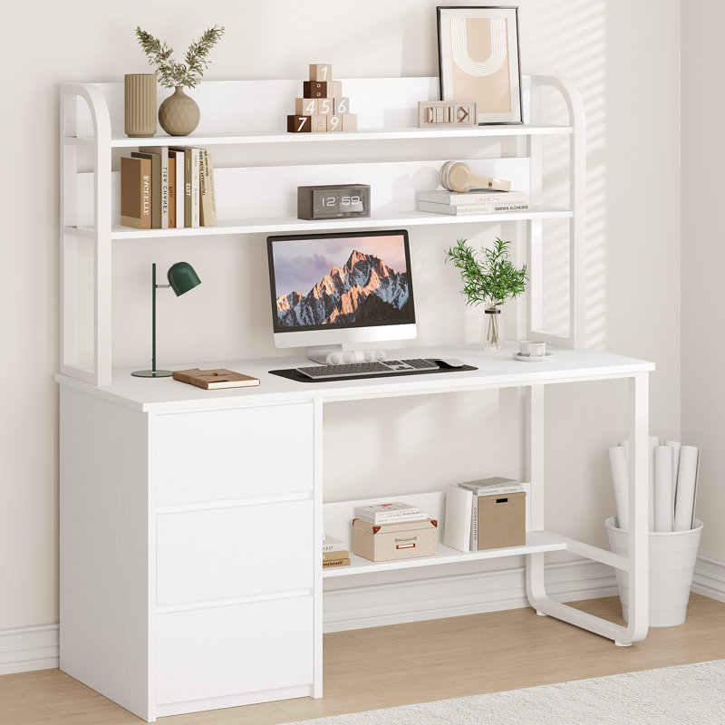 Computer Desk with Hutch and Shelves, 60 Inch Office Desk with 3 Drawers for Small Places, Study Writing Desk with Storage for Bedrrom, Adjustable Feet