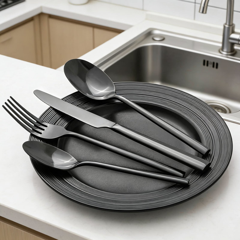 Ensemble de 20 couverts noirs, couverts en acier inoxydable forgé de qualité supérieure, service pour 4, couverts polis miroir et lavables au lave-vaisselle pour la maison, la cuisine, le mariage et la fête