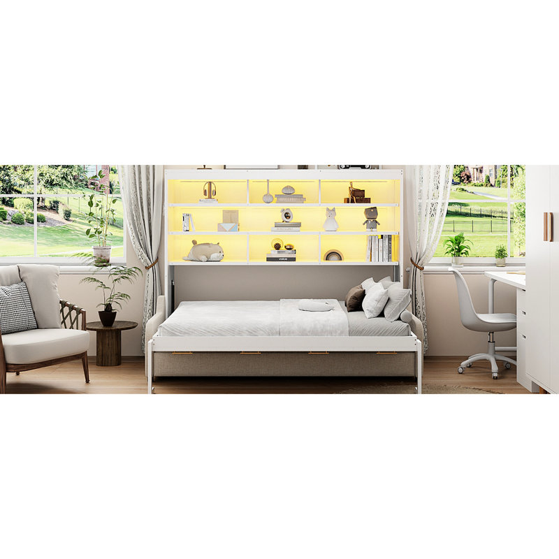 Grand lit-armoire beige avec tablettes intégrées, conduit pour une atmosphère douce et apaisante, tablettes de nuit, solution intelligente pour économiser de l'espace