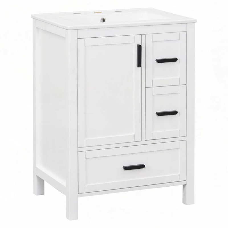 Meuble-lavabo de salle de bain avec lavabo en céramique, 3 tiroirs et 1 porte, rangement polyvalent, Blanc