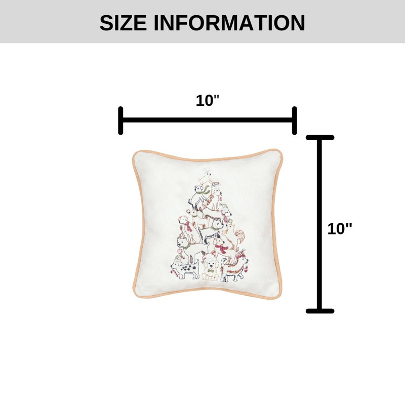 White Cotton Embroidered Christmas Puppy Tree Square Pillow