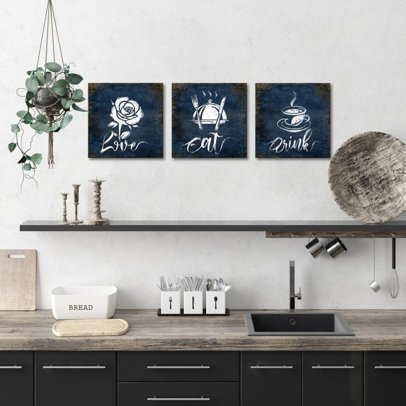 Navy Blue Vintage Kitchen Canvas Painting Prints, 3 Pcs 16x16 Inch