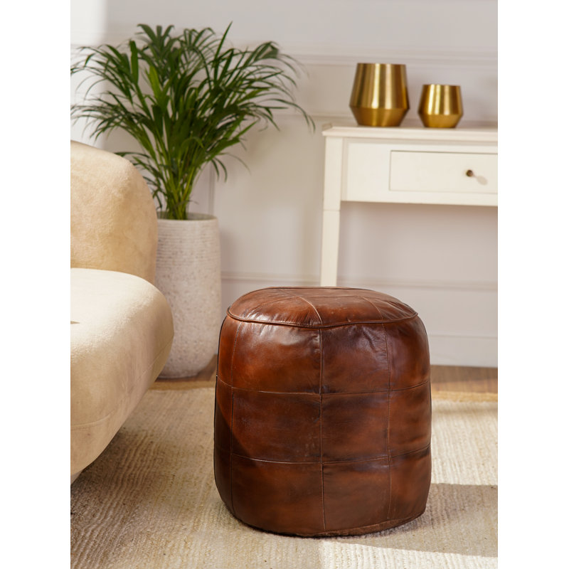 Pouf rond en cuir véritable de 17 po de largeur, H 12 po x l 21 po x P 21 po, Cuir véritable brun, Rond