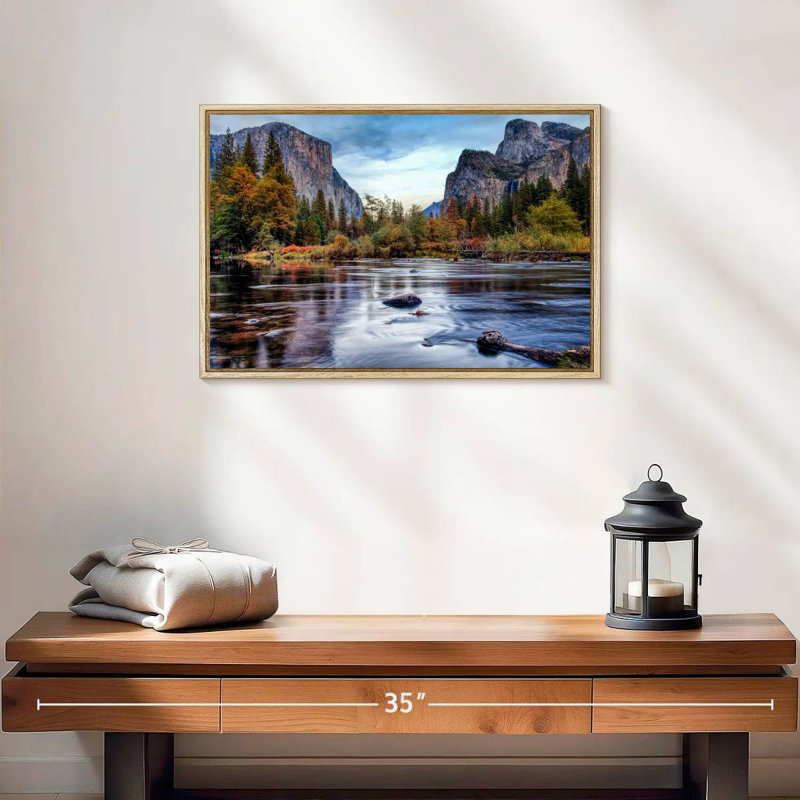 Rivière Yosemite Autumn, Cadre flottant en bois naturel, 19 po x 13 po
