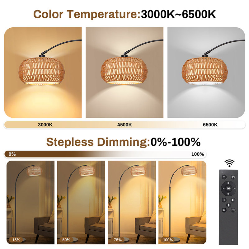Rattan Floor Lamp Modern Black Standing Floor Lamps with Remote Control Dimmable
