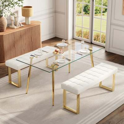 Ensemble de salle à manger rectangulaire 3 pièces en verre trempé avec 2 bancs rembourrés en PU, ensemble table et chaises de cuisine gain de place