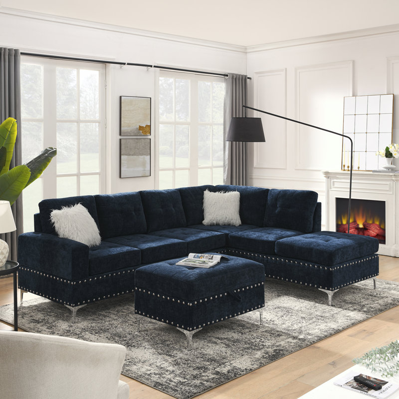 Ilish Upholstered L-Shaped Sectional Reversible, Dark Blue Chenille