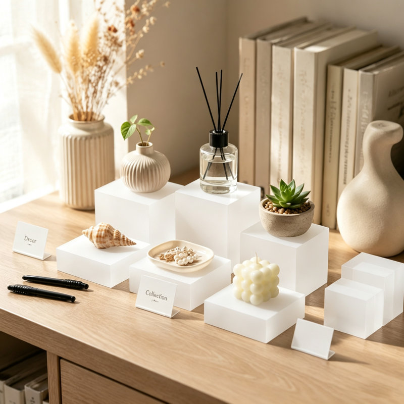 8 risers en acrylique avec mini enseignes