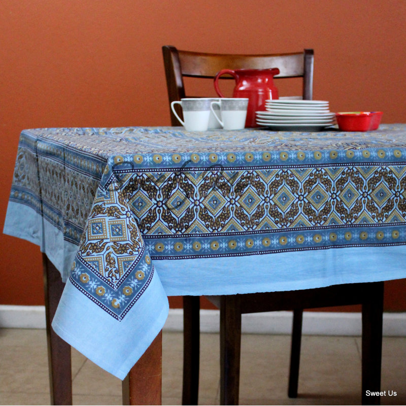 Cotton Geometric Tablecloth Rectangle Gold Kitchen Dining Linen, 104" x 88", Blue