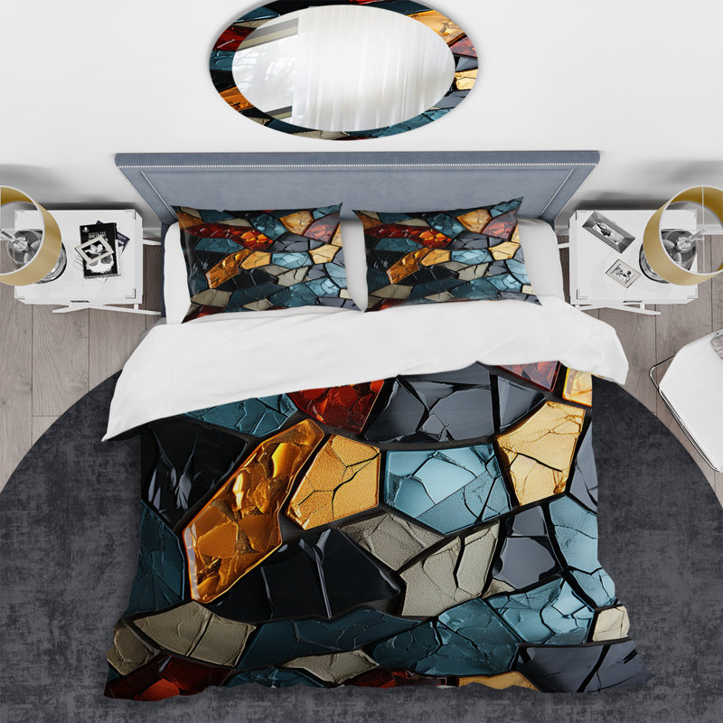 Ensemble de housse de couette mosaïque cubique dorée et bleue I - Abstract Tile, Housse de couette pour très grand lit