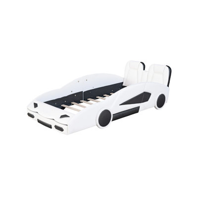 Lit plateforme simple avec conception de voiture de course et garde-corps à roues mobiles, blanc