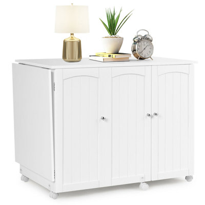 Folding Sewing Table Storage Cabinet Craft Cart with Wheels-White