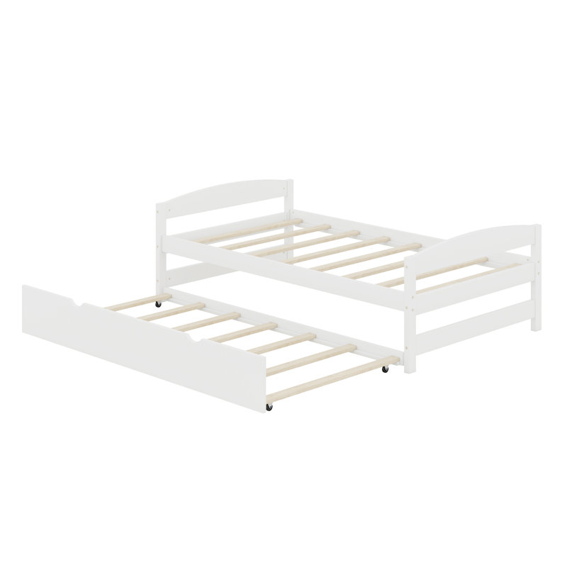 Un lit plateforme simple accompagné d'un lit gigogne sous le lit simple, Blanc