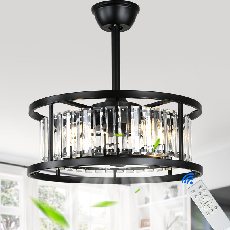 20" Black Modern Crystal Caged Ceiling Fan with Light Kit and Remote Control 6-speed Reversible DC Motor Fandelier for Bedoom