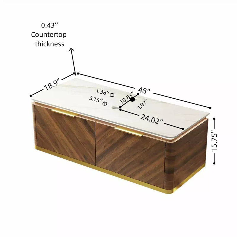 Comptoir mural en pierre frittée blanche Carrara de 48 po Dipa et armoire en contreplaqué à grain de bois noyer foncé, 48"
