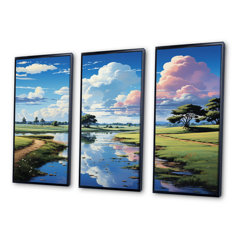 «Japanese Golf Course Landscape Harmony III - River Decor», ensemble d'art sur toile, Cadre flottant noir