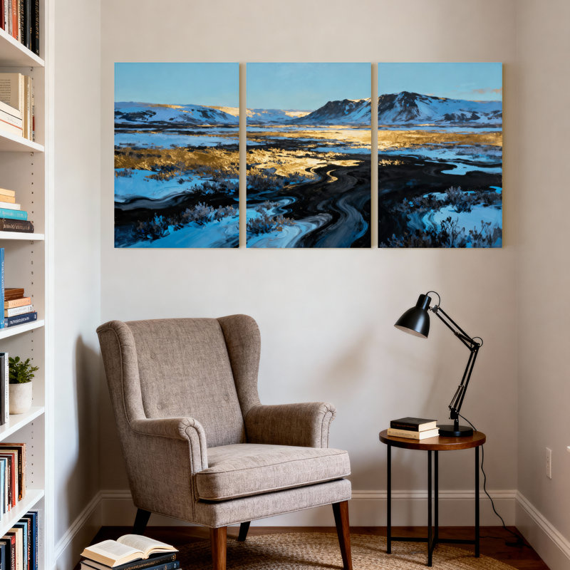 Abstrait montagnes enneigées, paysage de coucher de soleil, ensemble de 3 impressions sur toile, H 24 po x l 48 po