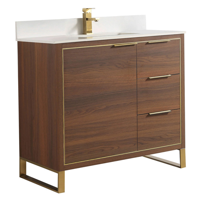 Geselle 36'' Single Bathroom Vanity with Stone Top, Satin Brass, Walnut Ebony