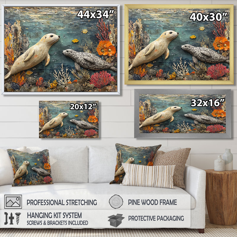 «Jouant des phoques dans un paysage de corail I», reproduction d'art sur toile, Reproduction d'une seule photo avec cadre