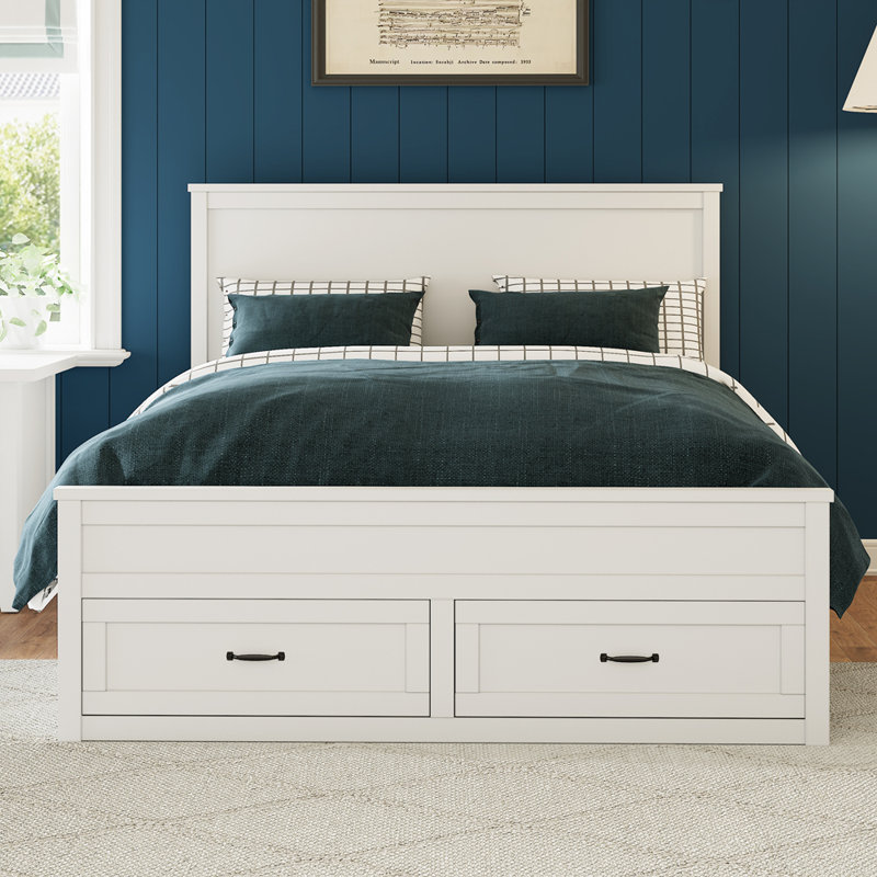 Modern Wood Storage Bed Frame with 6 Drawers, Platform Bed with Wooden Slats Support, No Box Spring Needed, White
