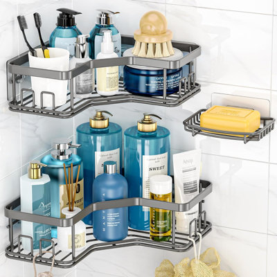 Ensemble de 3 paniers de douche adhésifs, support de rangement en acier inoxydable antirouille pour salle de bain, cuisine, comptoir - sans installation de perceuse, peut contenir jusqu'à 40 lb
