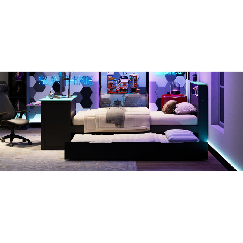 Lit plateforme simple avec lit gigogne, bureau, tête de lit à panneau noir et bleu, zone de jeu et d'étude, conception peu encombrante, tête de lit intelligente en bois à utilisation à long terme, qualité intégrée