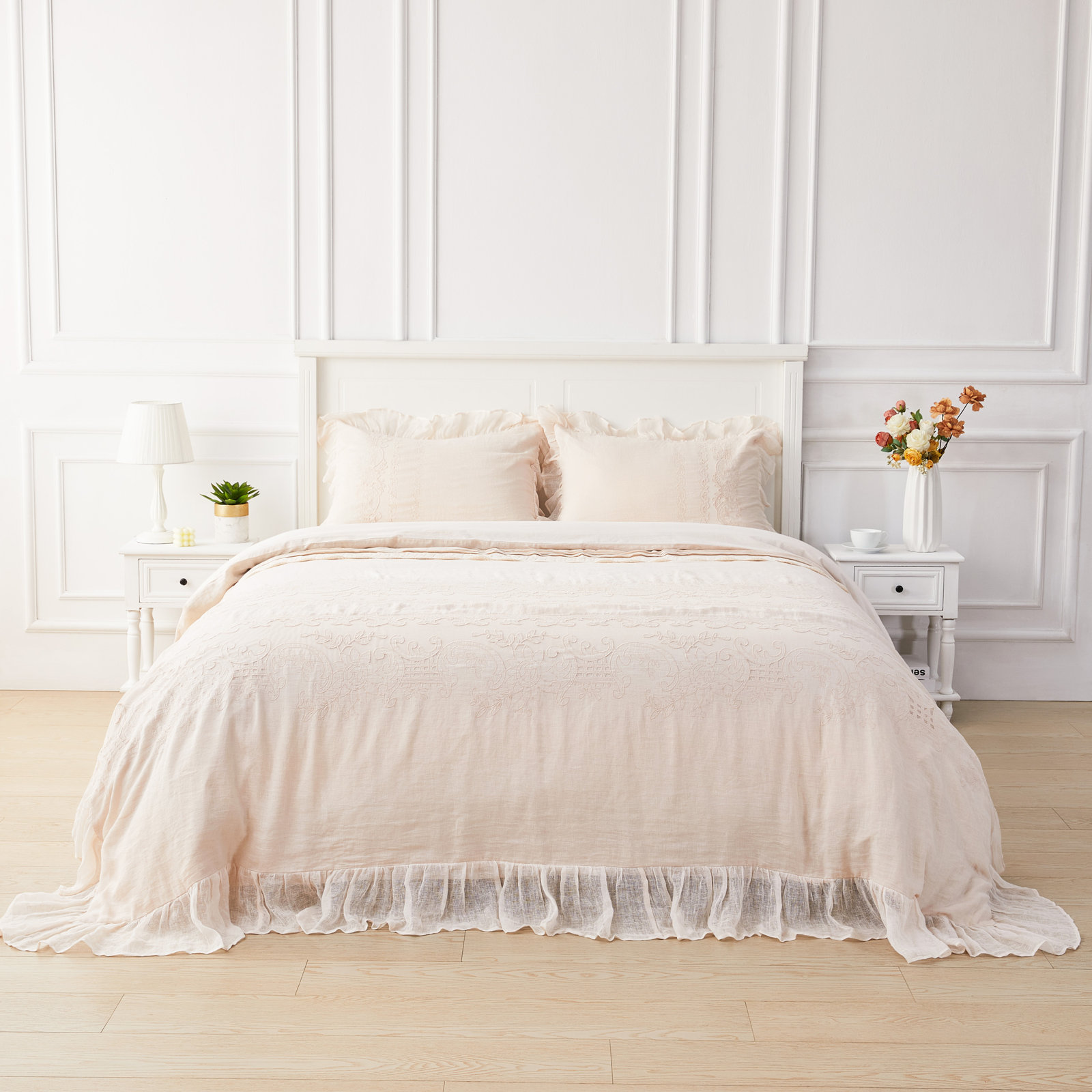 100% Linen Duvet Cover Set, King Duvet Cover + 2 King Shams, Blush