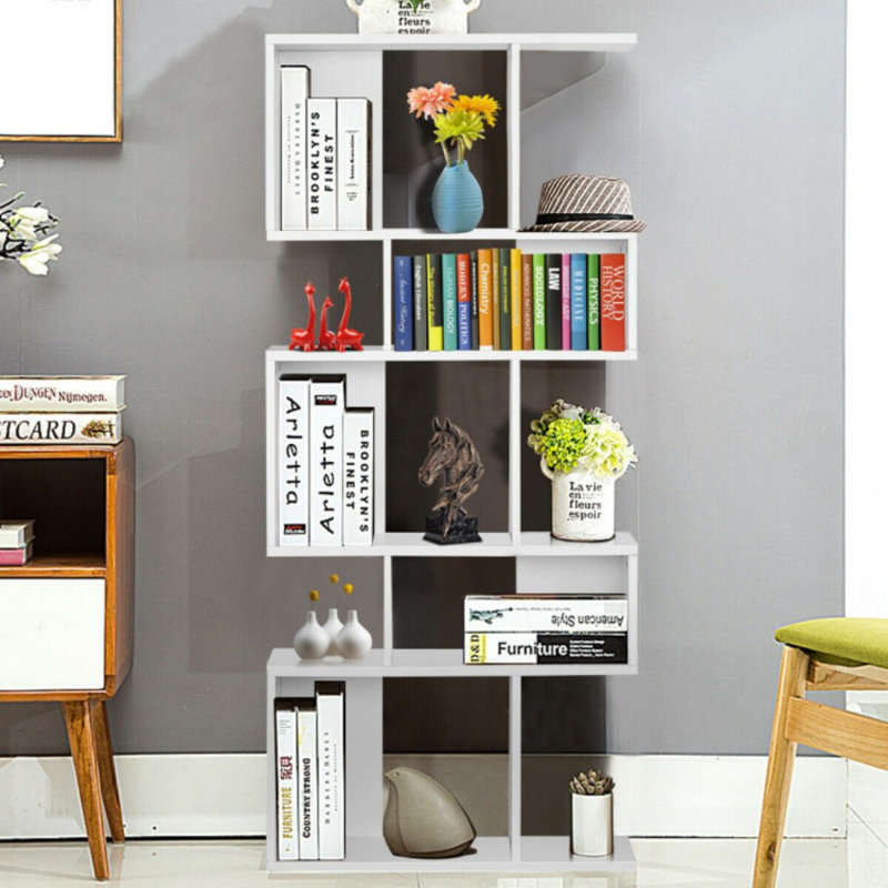 5-Tier Wood Geometric Bookshelf With S Shaped Design, White