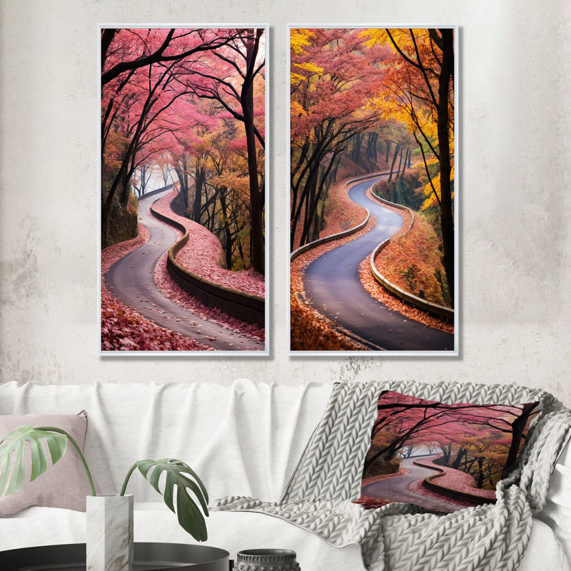 Ensemble de 2 décorations murales Rosy Blooming Into The Forest IV - Road, Cadre blanc, H 40 po x l 41 po