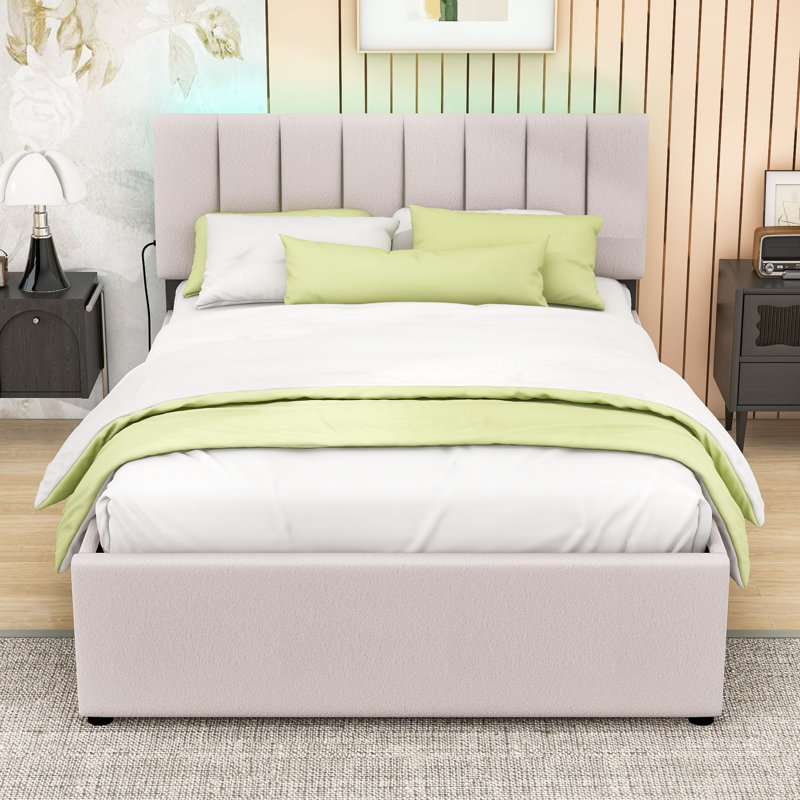 Lit double tapissier avec lit gigogne simple et lumière DEL, Beige