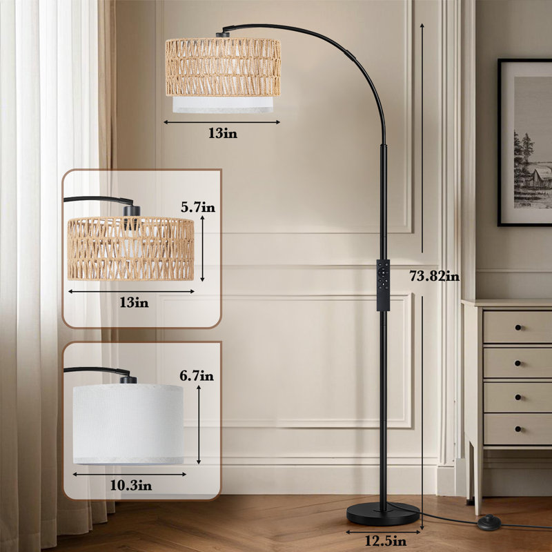 75" Arched Floor Lamp With Rattan Shade And Remote Control