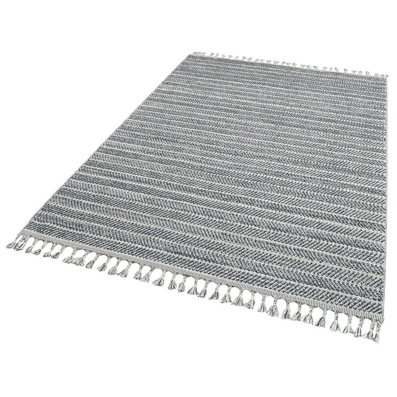 Tapis rectangulaire à rayures en polyester fabriqué à la machine 6 pi 7 po x 9 pi 6 po marine