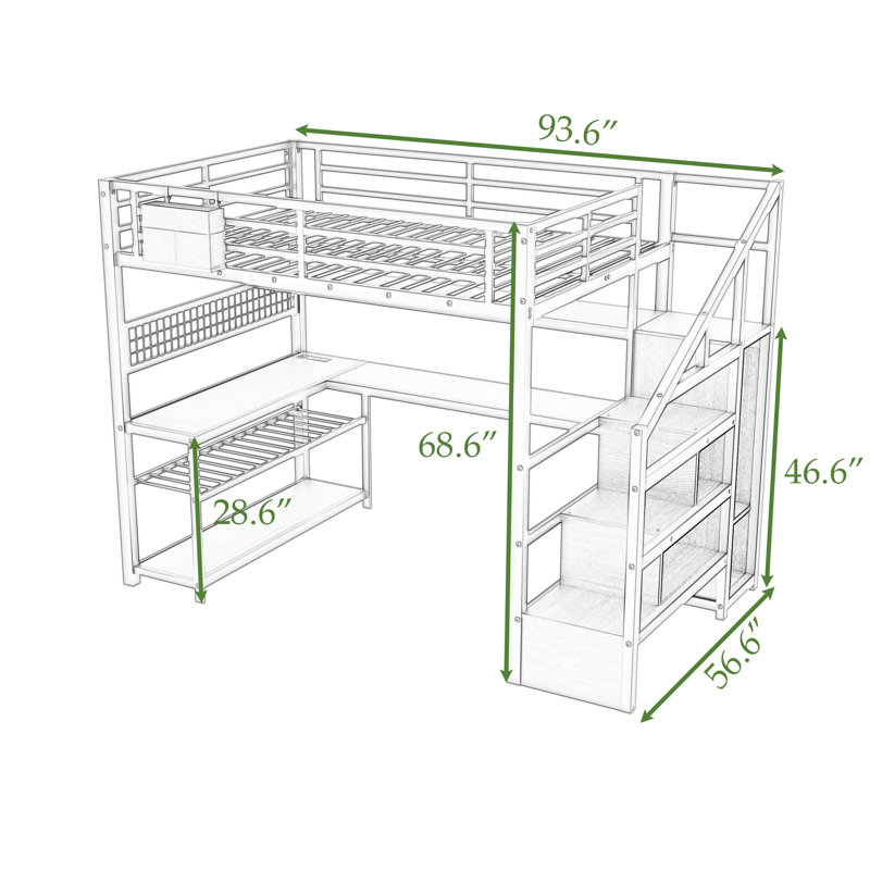 Full Metal Loft Bed With LED Lights, Charging Station, Desk And Storage Shelves, Black