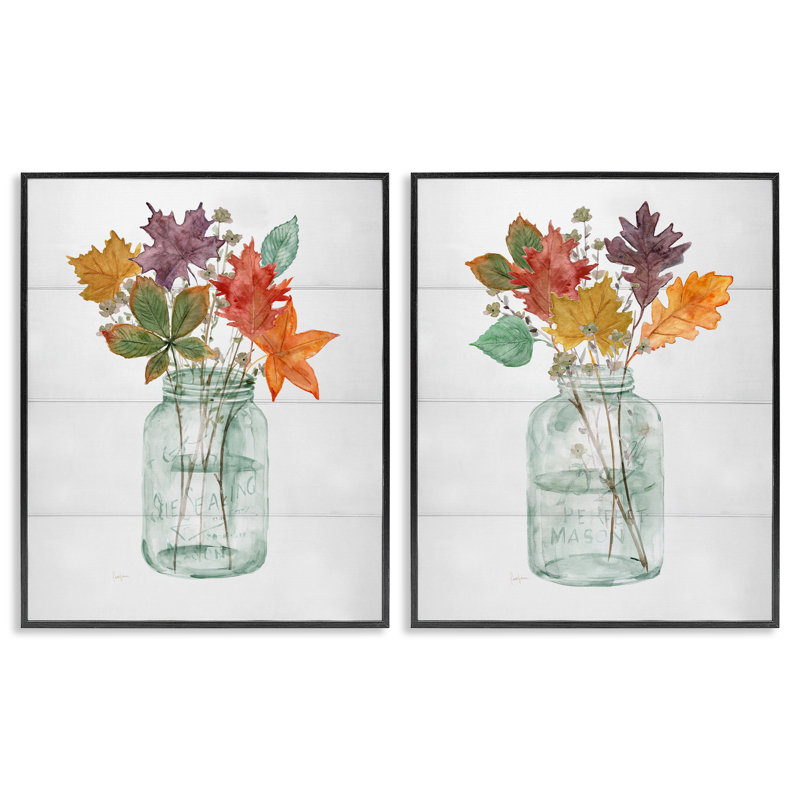 Ensemble de 2 giclées encadrées Harvest Home Leaf Vases, par Livi Finn, H 14 po x l 11 po, Giclée encadrée noir minuit