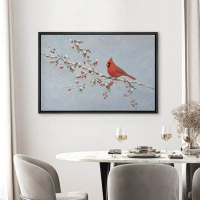 Red Cardinal on Snowy Berry Branch Winter Decor Framed Canvas Master Bedroom Wall Art Work Print