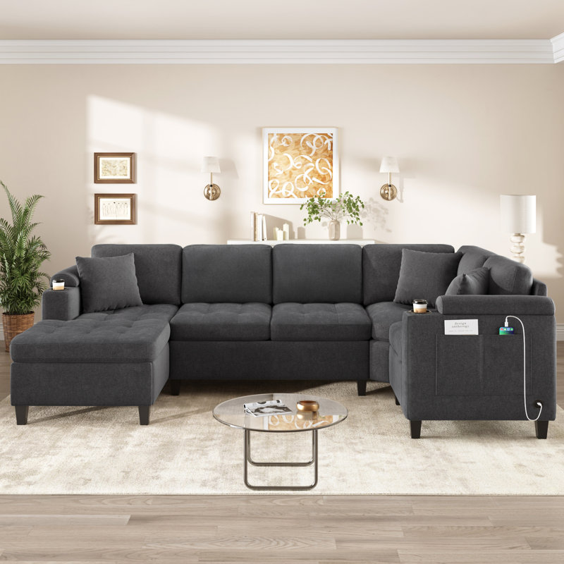 Canapé modulaire surdimensionné en forme de U avec rangement, porte-gobelets et ports USB - Canapé de salon moderne en chenille, gris