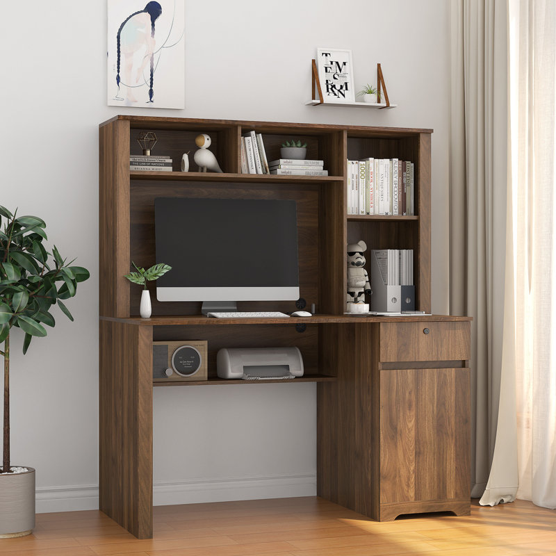Bureau d'ordinateur avec huche et bibliothèque (sans les chaises de bureau), Brun, Brun