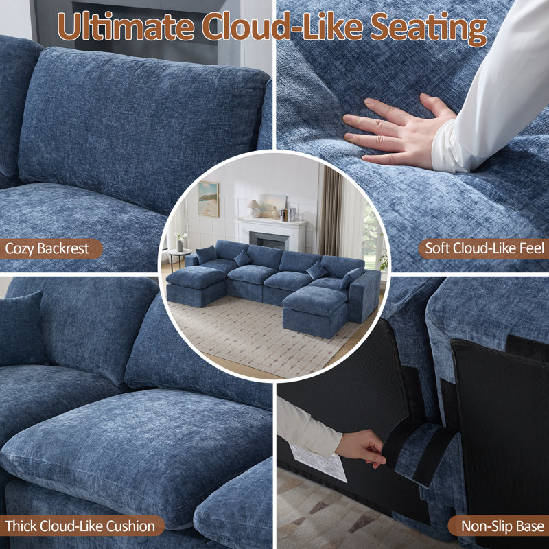 Canapé modulaire à compression avec 2 repose-pieds, Chenille bleu, 6
