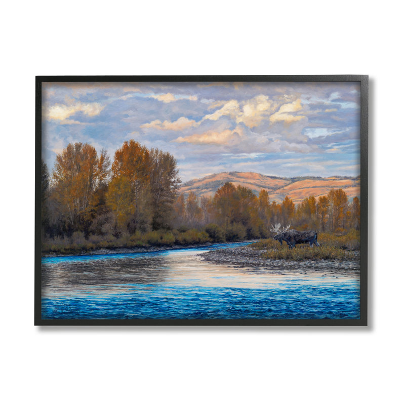«Moose By Lake Mountain Landscape» encadré sur bois par David Graham, peinture, Giclée encadrée noir minuit