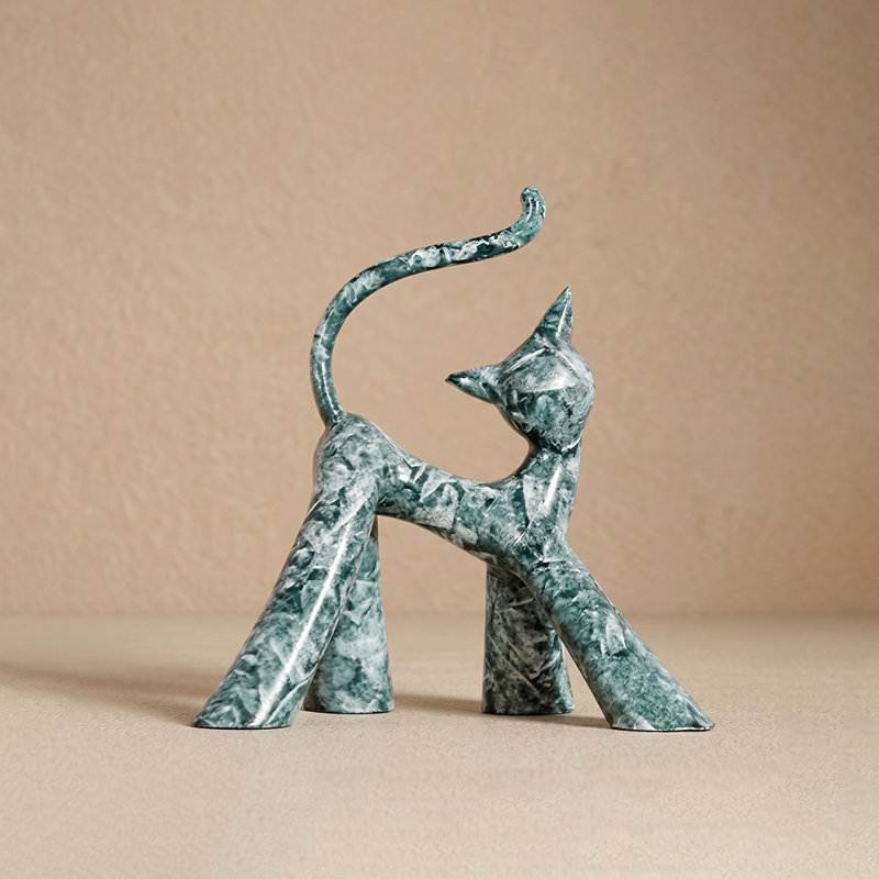 Abstract Cat Sculpture Figurine, Marble-Look Resin Art Statue for Home Decor – Bookshelf, Desk & Coffee Table Accent, Green