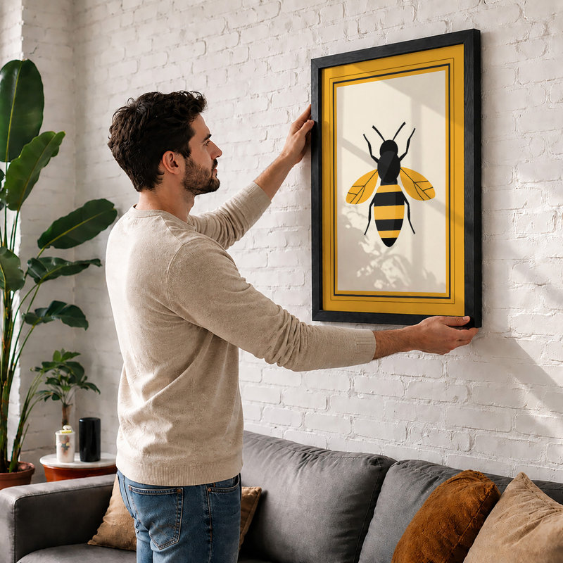 Geometric Bee Minimalist - Framed Print, Black, A3 - 42.0 x 29.7 cm