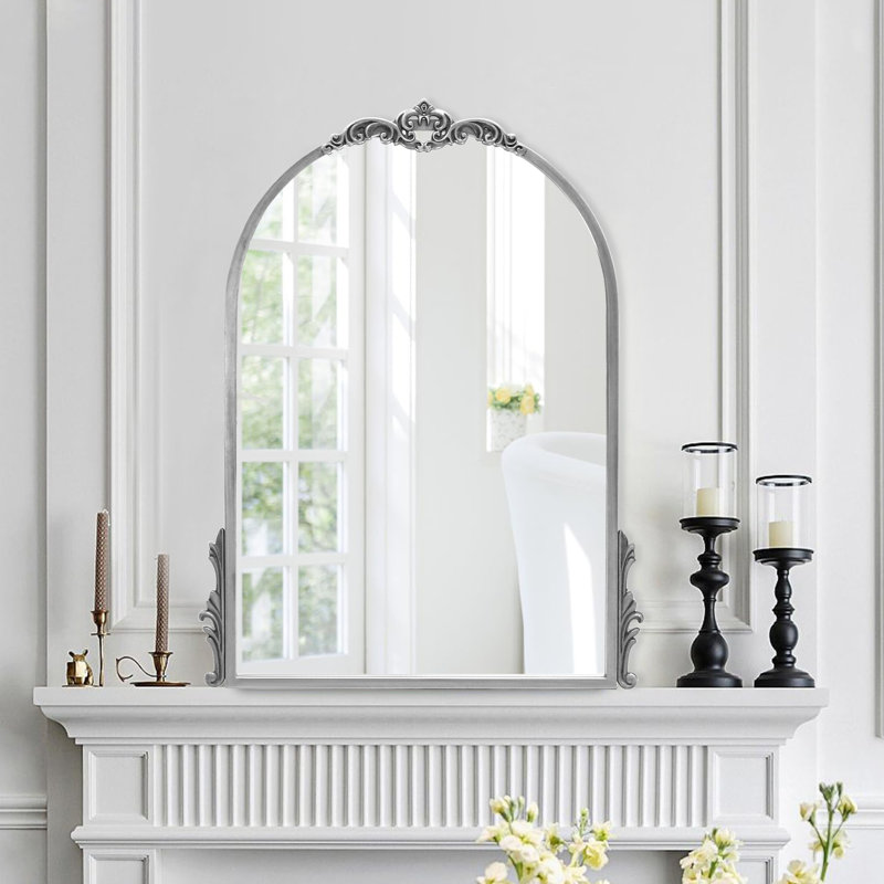 Vintage Metal Ornate Baroque Accent Mirror, Arch Decorative Wall Mirror For Hanging Or Leaning, Silver, 32" x 24"