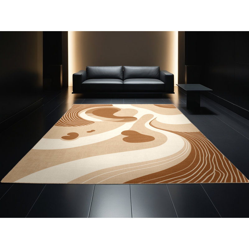 Soft Plush Earls Eclectic Abstract Area Rug in Brown – Beige Binding, 3' Round