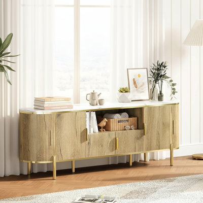 Meuble télé cannelé de 70 po pour téléviseur de 80 po ou moins, meuble télé en bois avec tablettes réglables en faux marbre et portes coulissantes à profil courbé pour le salon