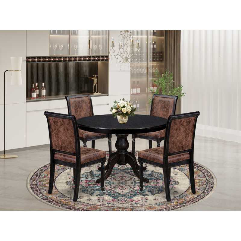 Cet ensemble de salle à manger moderne 7 pièces comprend une table de salle à manger ronde et 6 chaises en polyester texturé brun avec dossier haut et une finition noire sablée.
